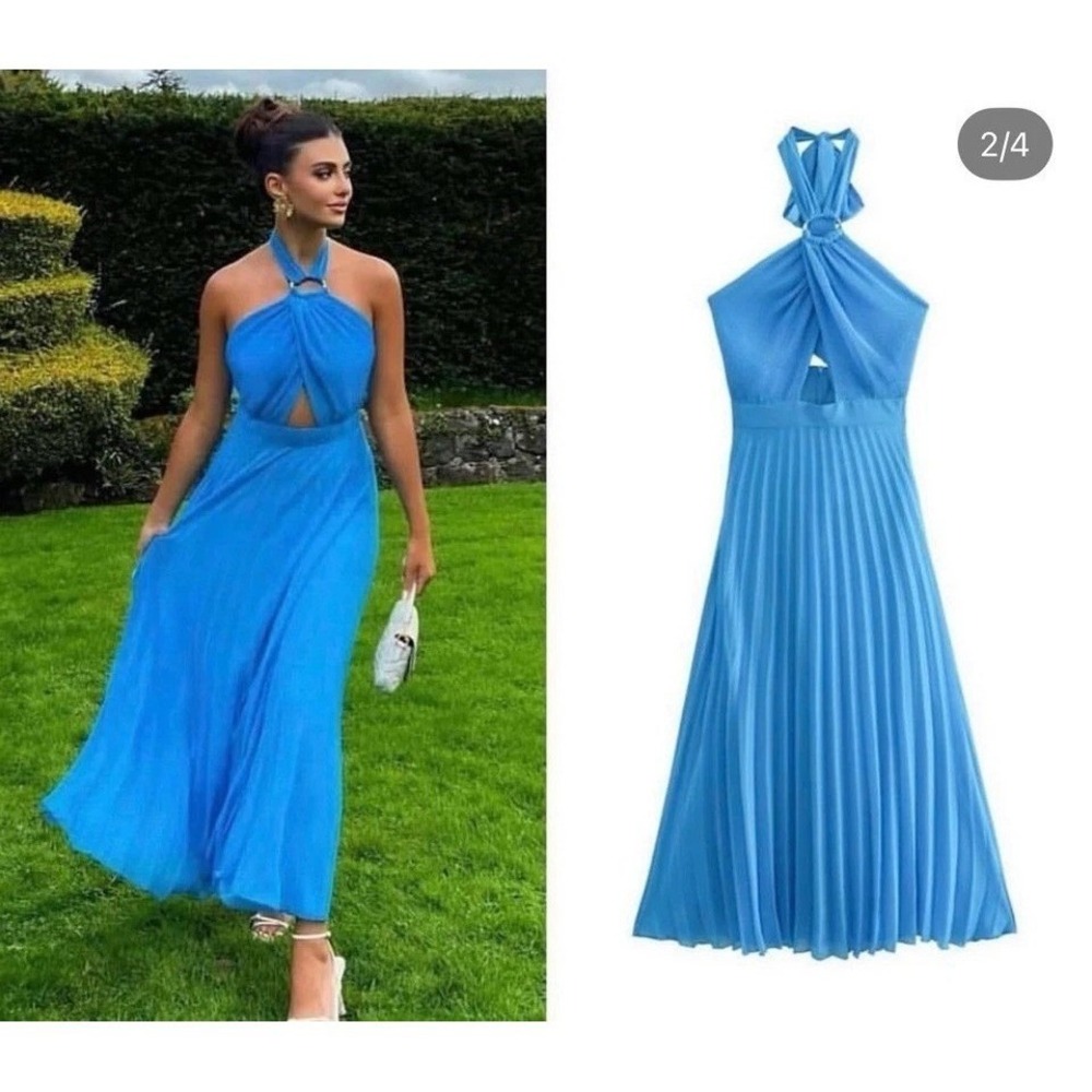 Zara Sz XL Dress Cross Neck Blue Halter Lined Pleated  Backless Gold Ring